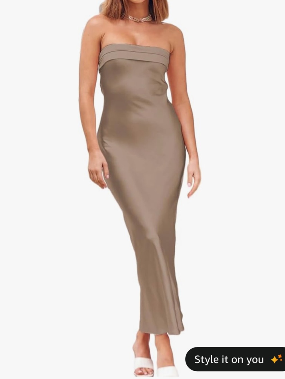 Strapless Taupe Satin Maxi Dress - Sleek Evening Gown